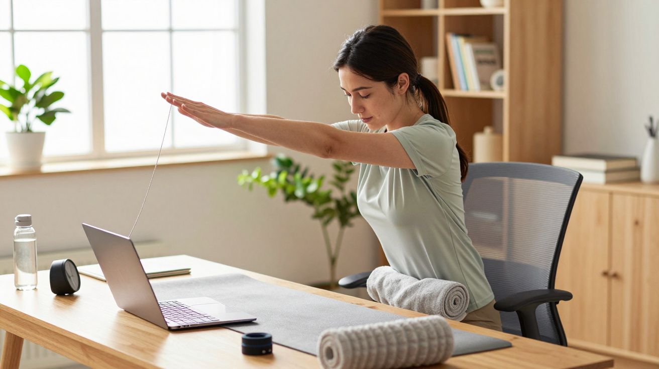 Mulher a fazer alongamentos sentada à secretária com portátil aberto, num escritório iluminado.