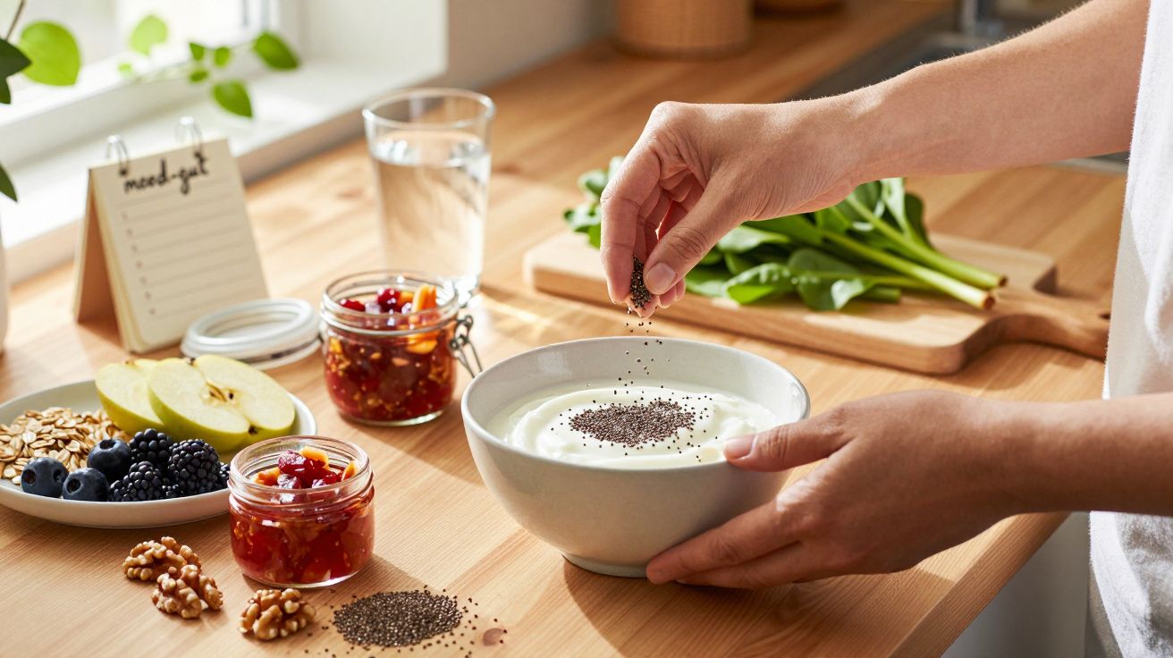 Pessoa adiciona sementes de chia a uma tigela de iogurte numa bancada com frutas, cereais e nozes.